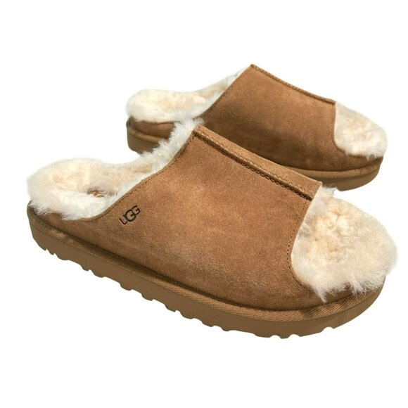 UGG Shoes - UGG Suede Greenport Shearling Open-Toe Shoes Slip On Slippers Sz 8 Chestnut New
